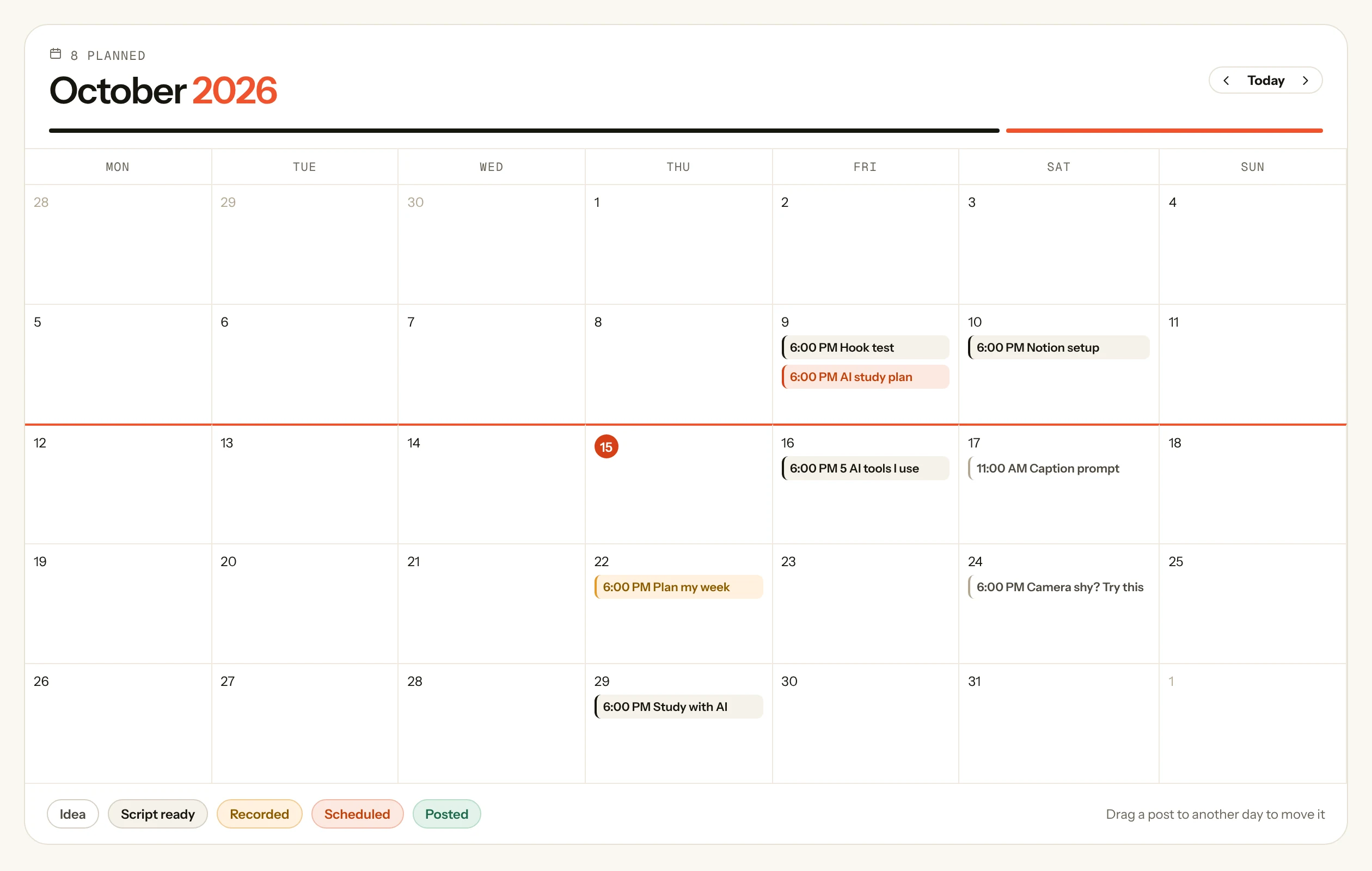 Content calendar for October 2026