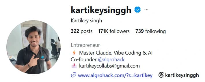 Kartikey's Instagram profile, @kartikeysinggh: 171K followers