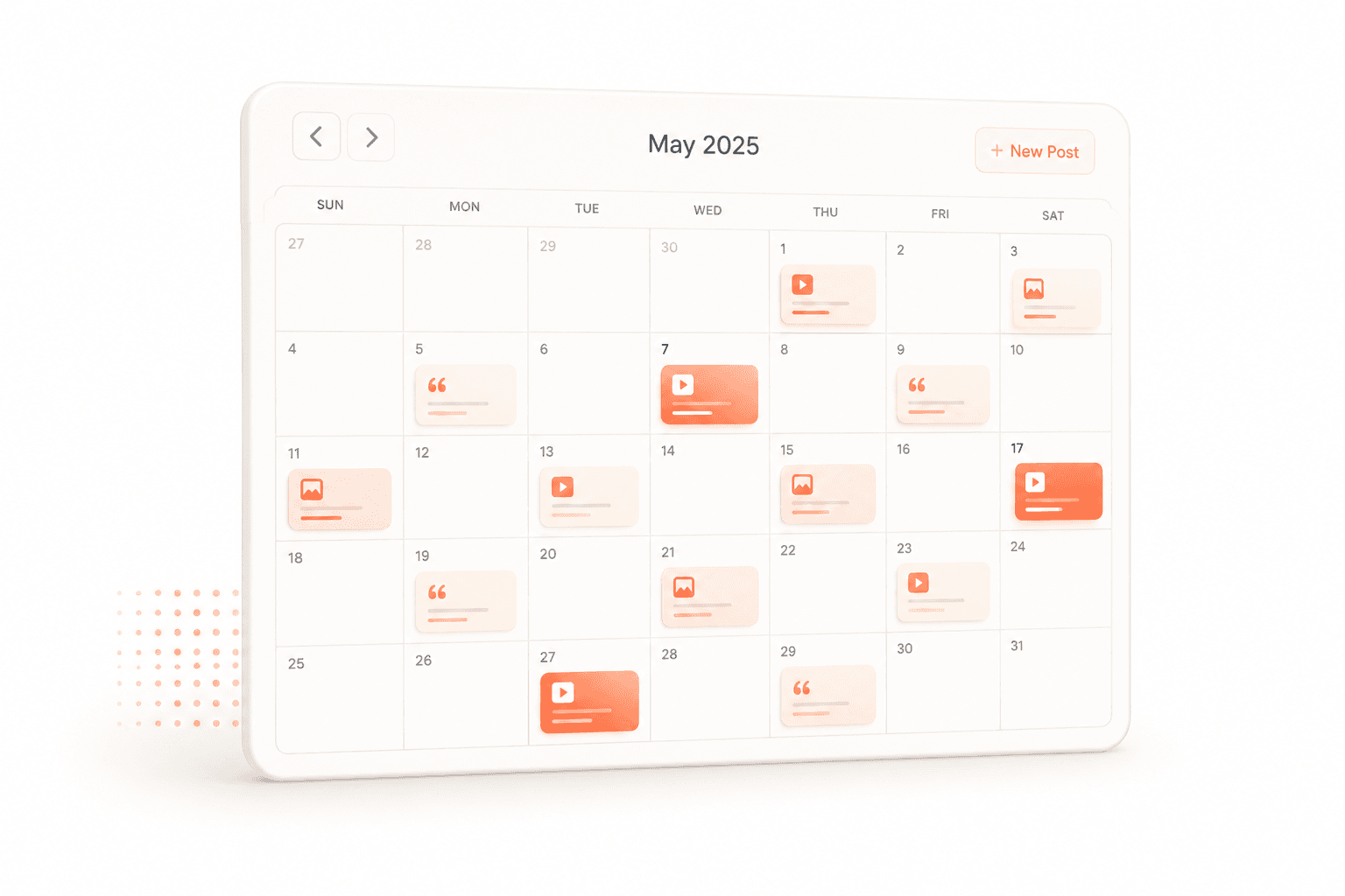 A monthly content calendar with reels and posts planned on their days.